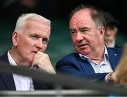 1 June 2025; Ulster Council Chairman Michael Geoghegan, left,  and Leinster Council chairman Derek Kent during the Tailteann Cup match between Fermanagh and Wexford at Croke Park in Dublin. Photo by Ray McManus/Sportsfile
