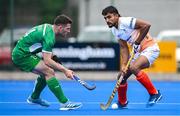 2 June 2025; Sanjay of India of Ireland in action against Ben Walker of Ireland during the Men's International Hockey match between Ireland and India at Pembroke Wanderers Hockey Club in Dublin. Photo by Shauna Clinton/Sportsfile