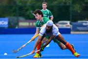 2 June 2025; Jarmanpreet Singh of India in action against Louis Rowe of Ireland during the Men's International Hockey match between Ireland and India at Pembroke Wanderers Hockey Club in Dublin. Photo by Shauna Clinton/Sportsfile