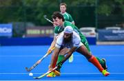 2 June 2025; Jarmanpreet Singh of India in action against Louis Rowe of Ireland during the Men's International Hockey match between Ireland and India at Pembroke Wanderers Hockey Club in Dublin. Photo by Shauna Clinton/Sportsfile