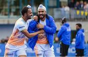 2 June 2025; India players Jugraj Singh, right, and Rajinder Singh after their victory in the Men's International Hockey match between Ireland and India at Pembroke Wanderers Hockey Club in Dublin. Photo by Shauna Clinton/Sportsfile