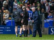 1 June 2025; Dara McVeety of Cavan leaves the pitch to receive medical treatment during the GAA Football All-Ireland Senior Championship Round 2 match between Cavan and Donegal at Kingspan Breffni in Cavan. Photo by Brendan Moran/Sportsfile