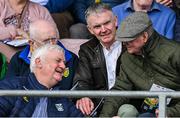 1 June 2025; Iar-Uachtarán Chumann Lúthchleas Gael Aogán Ó Fearghail, left, in converation with former Donegal manager Brian McEniff before the GAA Football All-Ireland Senior Championship Round 2 match between Cavan and Donegal at Kingspan Breffni in Cavan. Photo by Brendan Moran/Sportsfile