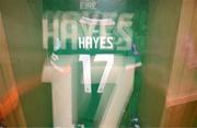 3 June 2025; The jersey of Caitlin Hayes in the Republic of Ireland dressingroom before the UEFA Women's Nations League, League B match between Republic of Ireland and Slovenia at Páirc Uí Chaoimh in Cork. Photo by Stephen McCarthy/Sportsfile