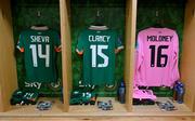 3 June 2025; Jersey of Marissa Sheva, Aoibheann Clancy and Grace Moloney in the Republic of Ireland dressingroom before the UEFA Women's Nations League, League B match between Republic of Ireland and Slovenia at Páirc Uí Chaoimh in Cork. Photo by Stephen McCarthy/Sportsfile