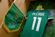 3 June 2025; The jersey of captain Katie McCabe in the Republic of Ireland dressingroom before the UEFA Women's Nations League, League B match between Republic of Ireland and Slovenia at Páirc Uí Chaoimh in Cork. Photo by Stephen McCarthy/Sportsfile