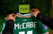 3 June 2025; The jersey of captain Katie McCabe in the Republic of Ireland dressingroom before the UEFA Women's Nations League, League B match between Republic of Ireland and Slovenia at Páirc Uí Chaoimh in Cork. Photo by Stephen McCarthy/Sportsfile