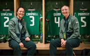 3 June 2025; Republic of Ireland international Louise Quinn, right, with teammate Megan Campbell, in the dressingroom on the occasion of her last international game before the UEFA Women's Nations League, League B match between Republic of Ireland and Slovenia at Páirc Uí Chaoimh in Cork.