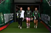 3 June 2025; Republic of ireland goalkeepers, from left, Courtney Brosnan, Grace Moloney and Sophie Whitehouse before the UEFA Women's Nations League, League B match between Republic of Ireland and Slovenia at Páirc Uí Chaoimh in Cork. Photo by Stephen McCarthy/Sportsfile