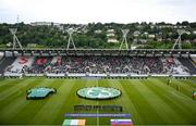 3 June 2025; The teams stand for the national anthems before the UEFA Women's Nations League, League B match between Republic of Ireland and Slovenia at Páirc Uí Chaoimh in Cork. Photo by Shauna Clinton/Sportsfile