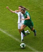 3 June 2025; Katie McCabe of Republic of Ireland is tackled by Lara Prašnikar of Slovenia during the UEFA Women's Nations League, League B match between Republic of Ireland and Slovenia at Páirc Uí Chaoimh in Cork. Photo by Shauna Clinton/Sportsfile