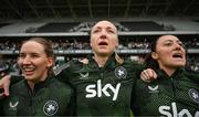3 June 2025; Republic of Ireland international Louise Quinn, on the occasion of her last international game, stand for the national anthems alongside teammates Sophie Whitehouse and Megan Campbell before the UEFA Women's Nations League, League B match between Republic of Ireland and Slovenia at Páirc Uí Chaoimh in Cork.