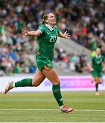 3 June 2025; Saoirse Noonan of Republic of Ireland celebrates after scoring her side's first goal during the UEFA Women's Nations League, League B match between Republic of Ireland and Slovenia at Páirc Uí Chaoimh in Cork. Photo by Stephen McCarthy/Sportsfile
