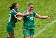 3 June 2025; Saoirse Noonan of Republic of Ireland, right, celebrates with teammate Abbie Larkin, after scoring their side's first goal during the UEFA Women's Nations League, League B match between Republic of Ireland and Slovenia at Páirc Uí Chaoimh in Cork. Photo by Shauna Clinton/Sportsfile