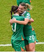 3 June 2025; Saoirse Noonan of Republic of Ireland, right, celebrates with teammate Caitlin Hayes after scoring their side's first goal during the UEFA Women's Nations League, League B match between Republic of Ireland and Slovenia at Páirc Uí Chaoimh in Cork. Photo by Shauna Clinton/Sportsfile