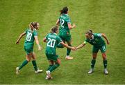 3 June 2025; Saoirse Noonan of Republic of Ireland, 20, celebrates with teammate Katie McCabe after scoring their side's first goal during the UEFA Women's Nations League, League B match between Republic of Ireland and Slovenia at Páirc Uí Chaoimh in Cork. Photo by Shauna Clinton/Sportsfile