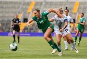3 June 2025; Kyra Carusa of Republic of Ireland in action against Dominika Conc of Slovenia during the UEFA Women's Nations League, League B match between Republic of Ireland and Slovenia at Páirc Uí Chaoimh in Cork. Photo by Stephen McCarthy/Sportsfile