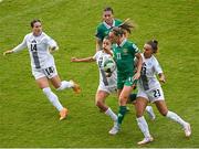 3 June 2025; Katie McCabe of Republic of Ireland in action against Sara Makovec and Maja Sternad of Slovenia during the UEFA Women's Nations League, League B match between Republic of Ireland and Slovenia at Páirc Uí Chaoimh in Cork. Photo by Shauna Clinton/Sportsfile