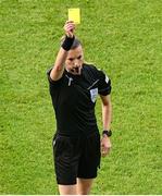 3 June 2025; Referee Miriama Bocková shows a yellow card to Slovenia manager Saša Kolman, not pictured, during the UEFA Women's Nations League, League B match between Republic of Ireland and Slovenia at Páirc Uí Chaoimh in Cork. Photo by Shauna Clinton/Sportsfile