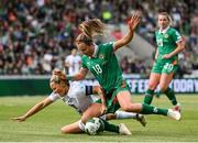3 June 2025; Dominika Conc of Slovenia in action against Kyra Carusa of Republic of Ireland during the UEFA Women's Nations League, League B match between Republic of Ireland and Slovenia at Páirc Uí Chaoimh in Cork. Photo by Stephen McCarthy/Sportsfile