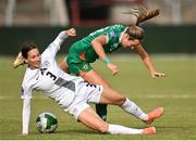 3 June 2025; Sara Agrež of Slovenia tackled Kyra Carusa of Republic of Ireland during the UEFA Women's Nations League, League B match between Republic of Ireland and Slovenia at Páirc Uí Chaoimh in Cork. Photo by David Fitzgerald/Sportsfile