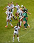 3 June 2025; Zara Kramžar of Slovenia and Saoirse Noonan of Republic of Ireland comtete for a header during the UEFA Women's Nations League, League B match between Republic of Ireland and Slovenia at Páirc Uí Chaoimh in Cork. Photo by Shauna Clinton/Sportsfile