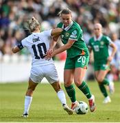 3 June 2025; Saoirse Noonan of Republic of Ireland is tackled by Dominika Conc of Slovenia during the UEFA Women's Nations League, League B match between Republic of Ireland and Slovenia at Páirc Uí Chaoimh in Cork. Photo by David Fitzgerald/Sportsfile