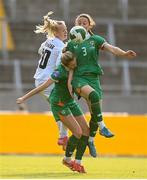 3 June 2025; Megan Campbell and Megan Connolly of Republic of Ireland contest a header with Dominika Conc of Slovenia during the UEFA Women's Nations League, League B match between Republic of Ireland and Slovenia at Páirc Uí Chaoimh in Cork. Photo by Stephen McCarthy/Sportsfile