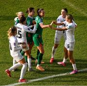 3 June 2025; Players, including Anna Patten and Emily Murphy of Republic of Ireland and Kaja Eržen of Slovenia tussle during the UEFA Women's Nations League, League B match between Republic of Ireland and Slovenia at Páirc Uí Chaoimh in Cork. Photo by Shauna Clinton/Sportsfile