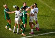 3 June 2025; Players, including Anna Patten and Emily Murphy of Republic of Ireland and Kaja Eržen of Slovenia tussle during the UEFA Women's Nations League, League B match between Republic of Ireland and Slovenia at Páirc Uí Chaoimh in Cork. Photo by Shauna Clinton/Sportsfile