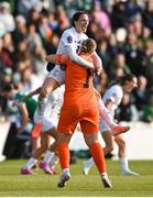 3 June 2025; Sara Agrež, left, and Zala Meršnik of Slovenia celebrate after the UEFA Women's Nations League, League B match between Republic of Ireland and Slovenia at Páirc Uí Chaoimh in Cork. Photo by David Fitzgerald/Sportsfile