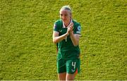 3 June 2025; Louise Quinn of Republic of Ireland applauds supporters, on the occasion of her last international game, after the UEFA Women's Nations League, League B match between Republic of Ireland and Slovenia at Páirc Uí Chaoimh in Cork. Photo by Shauna Clinton/Sportsfile