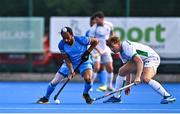 3 June 2025; Hardik Singh of India in action against Luke Madeley of Ireland during the Men's International Hockey match between Ireland and India at Pembroke Wanderers Hockey Club in Dublin. Photo by Tyler Miller/Sportsfile
