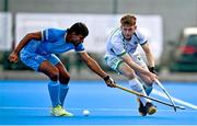 3 June 2025; Johnny Lynch of Ireland in action against Sanjay of India during the Men's International Hockey match between Ireland and India at Pembroke Wanderers Hockey Club in Dublin. Photo by Tyler Miller/Sportsfile