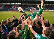 3 June 2025; Louise Quinn of Republic of Ireland is thrown in the air by her teammates, on the occasion of her last international game, after the UEFA Women's Nations League, League B match between Republic of Ireland and Slovenia at Páirc Uí Chaoimh in Cork. Photo by Stephen McCarthy/Sportsfile