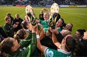 3 June 2025; Louise Quinn of Republic of Ireland is thrown in the air by her teammates, on the occasion of her last international game, after the UEFA Women's Nations League, League B match between Republic of Ireland and Slovenia at Páirc Uí Chaoimh in Cork. Photo by Stephen McCarthy/Sportsfile