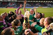 3 June 2025; Louise Quinn of Republic of Ireland is thrown in the air by her teammates, on the occasion of her last international game, after the UEFA Women's Nations League, League B match between Republic of Ireland and Slovenia at Páirc Uí Chaoimh in Cork. Photo by Stephen McCarthy/Sportsfile