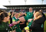 3 June 2025; Louise Quinn of Republic of Ireland is thrown in the air by her teammates, on the occasion of her last international game, after the UEFA Women's Nations League, League B match between Republic of Ireland and Slovenia at Páirc Uí Chaoimh in Cork. Photo by Stephen McCarthy/Sportsfile