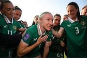 3 June 2025; Louise Quinn of Republic of Ireland takes a moment with her teammates, on the occasion of her last international game, after the UEFA Women's Nations League, League B match between Republic of Ireland and Slovenia at Páirc Uí Chaoimh in Cork. Photo by Stephen McCarthy/Sportsfile