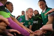3 June 2025; Louise Quinn of Republic of Ireland takes a moment with her teammates, on the occasion of her last international game, after the UEFA Women's Nations League, League B match between Republic of Ireland and Slovenia at Páirc Uí Chaoimh in Cork. Photo by Stephen McCarthy/Sportsfile