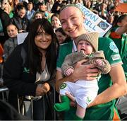 3 June 2025; Louise Quinn of Republic of Ireland with her partner Eilish O'Gara and son Darragh, on the occasion of her last international game, after the UEFA Women's Nations League, League B match between Republic of Ireland and Slovenia at Páirc Uí Chaoimh in Cork. Photo by Stephen McCarthy/Sportsfile