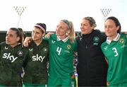 3 June 2025; Louise Quinn of Republic of Ireland, 4, with, from left, Chloe Mustaki, Erin Healy, goalkeeping coach Emma Byrne and Megan Campbell after the UEFA Women's Nations League, League B match between Republic of Ireland and Slovenia at Páirc Uí Chaoimh in Cork. Photo by Stephen McCarthy/Sportsfile
