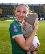 3 June 2025; Louise Quinn of Republic of Ireland with her son Darragh, on the occasion of her last international game, after the UEFA Women's Nations League, League B match between Republic of Ireland and Slovenia at Páirc Uí Chaoimh in Cork. Photo by Stephen McCarthy/Sportsfile