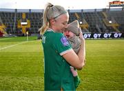 3 June 2025; Louise Quinn of Republic of Ireland with her son Darragh, on the occasion of her last international game, after the UEFA Women's Nations League, League B match between Republic of Ireland and Slovenia at Páirc Uí Chaoimh in Cork. Photo by Stephen McCarthy/Sportsfile