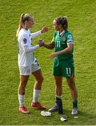 3 June 2025; Zara Kramžar of Slovenia and Katie McCabe of Republic of Ireland after the UEFA Women's Nations League, League B match between Republic of Ireland and Slovenia at Páirc Uí Chaoimh in Cork. Photo by Shauna Clinton/Sportsfile