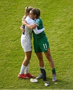 3 June 2025; Zara Kramžar of Slovenia, left, and Katie McCabe of Republic of Ireland after the UEFA Women's Nations League, League B match between Republic of Ireland and Slovenia at Páirc Uí Chaoimh in Cork. Photo by Shauna Clinton/Sportsfile
