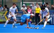 3 June 2025; Louis Rowe of Ireland in action against Mandeep Mor of India during the Men's International Hockey match between Ireland and India at Pembroke Wanderers Hockey Club in Dublin. Photo by Tyler Miller/Sportsfile