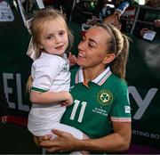 3 June 2025; Republic of Ireland captain Katie McCabe with Darcy Murphy, age 5, from Ballyphehane in Cork, after the UEFA Women's Nations League, League B match between Republic of Ireland and Slovenia at Páirc Uí Chaoimh in Cork. Photo by Stephen McCarthy/Sportsfile