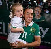 3 June 2025; Republic of Ireland captain Katie McCabe with Darcy Murphy, age 5, from Ballyphehane in Cork, after the UEFA Women's Nations League, League B match between Republic of Ireland and Slovenia at Páirc Uí Chaoimh in Cork. Photo by Stephen McCarthy/Sportsfile