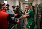 3 June 2025; Louise Quinn of Republic of Ireland is interviewed by the media after the UEFA Women's Nations League, League B match between Republic of Ireland and Slovenia at Páirc Uí Chaoimh in Cork. Photo by Stephen McCarthy/Sportsfile